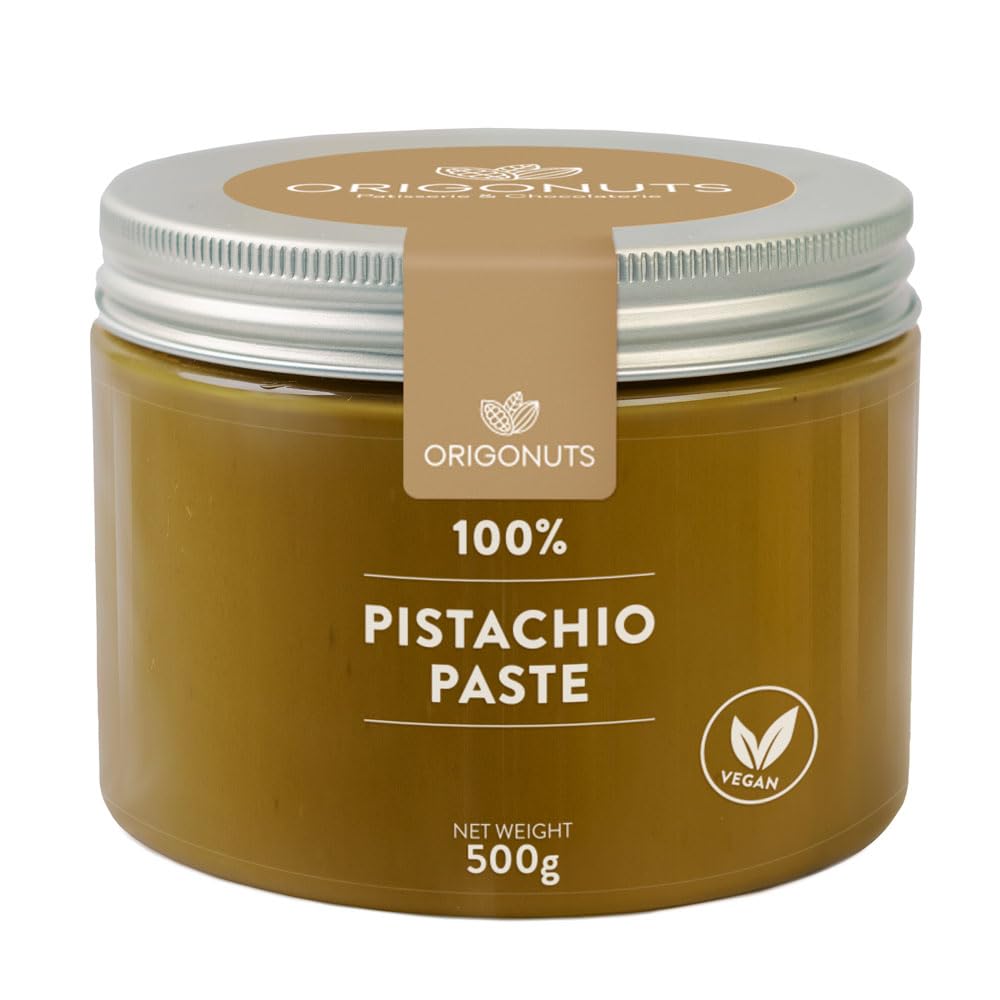 ORIGONUTS, Pistazienpaste 100% Pistazien, Pistaziencreme, Pistazienmus Handgemacht - Basis für Kuchen, Cremes, Desserts, Eiscreme, Dubai-Schokolade - Ohne Farbstoffe, 500g