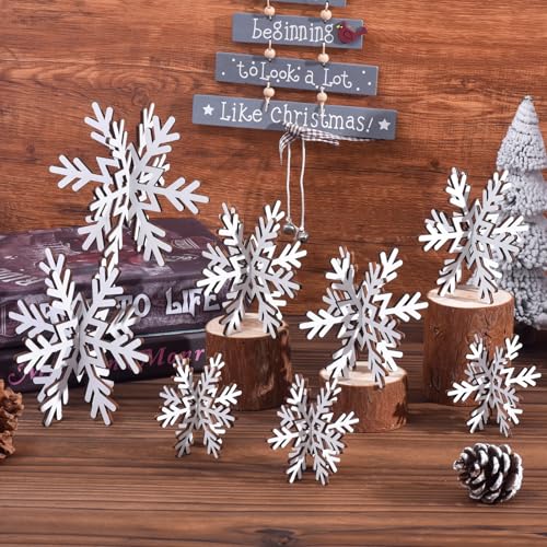 16 Pcs 3D Snowflake Christmas Table Decorations Wooden White Winter Snowflake Christmas Decor Tabletop Centerpiece Signs for Xmas Festival Home Party Decoration (3 Sizes)