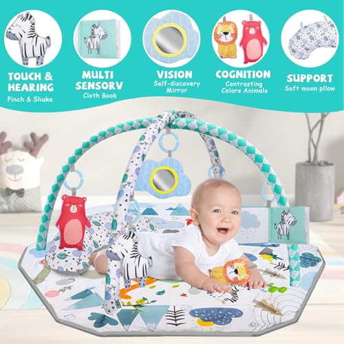 6-em-1 Ginásio de Jogos para Bebé, Ginásio Infantil para Bebé, Tapete de Rasto com Arco de Jogo e Brinquedos Sensoriais, 5 brinquedos removíveis, Brinquedos para bebés de 0+ meses