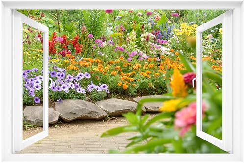 Fake Window Decal - 24"x16" Vinyl Wall Art | Garden Flower Scene Mural Sticker | Peel & Stick Removable Decor