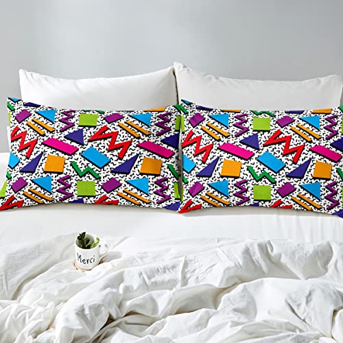 Retro 80S Style Bedding Set Twin,Abstract Geometric Pattern Duvet Cover Urban Modern Design With Circles And Triangle Comforter Cover Colorful Pop Art Inspired Pattern Quilt Cover For Boys Child #TOP3