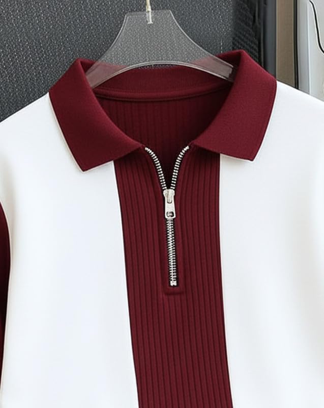 Image of AUSK Men's Textured Vertical Striped Knit Polo T-Shirt | Half Sleeve Zipper Neck Self-Design Casual Tee | Mens Tshirts