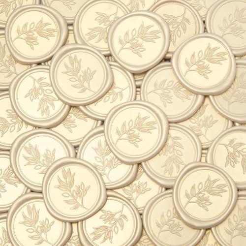 Pilloze 50Pcs Ivory White Self-Adhesive Wax Seal Stickers Wedding, Olive Branch Style Wax Seal Perfect for Wedding Invitation or Envelope Good Adhesion and Easy to Use