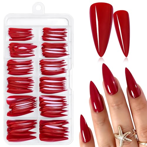 AddFavor Long Stiletto Press on Nails Red Fake Nails, 120pcs Full Cover Nails Press ons Artificial False Nail Tips 12 Size Glue on Nails for Women Girls