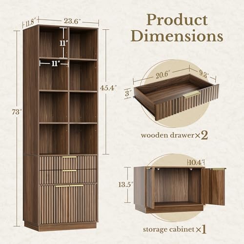 Home Office Furniture Set, 63\'\' L Shaped Standing Desk with 44\'\' Wide Bookshelf and Two 73\'\' Tall Bookcase, Executive Standing Desk with AC/USB, Bookshelf with Drawers, Fluted Style Black Walnut