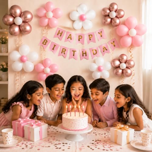 Image of Party Propz Flower Balloons For Decoration - 60 Pcs | Pink And White Balloons For Birthday | Flower Clips | Flowers Decoration For Birthday Party | Happy Birthday Banner (Latex)