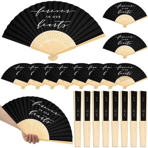 Threehoney 50 Pcs Funeral Favors Fans Forever in Our Hearts Bamboo Folding Fan Memorial Handheld Fans Paper Handheld Fan for Guest Funeral Condolence Sympathy Gift (Black,Classic)