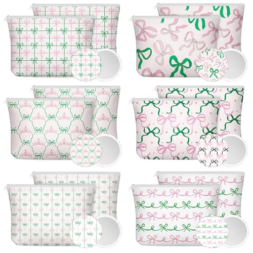 Abbylike 12 Set Pink and Green Party Favor Bow Makeup Bag Compact Mirrors