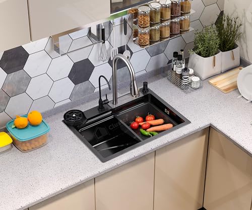 Image of CLUSTER Nano Coating 304 Grade Stainless Steel Single Bowl Handmade Kitchen Sink With Waterfall Pull-Out Faucet, Soap Dispenser, Ro Faucet, Cup Washer, and Fruit Basket, 24x18x9 Inches