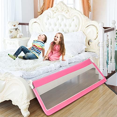 Maxmass Toddler Bed Guard, 180 x 37 x 56 cm Baby Mesh Bedside Rail with Safety Straps, Safety Protection Guardrail for Extra Long Cribs, Double and Full Size Bed (Pink)