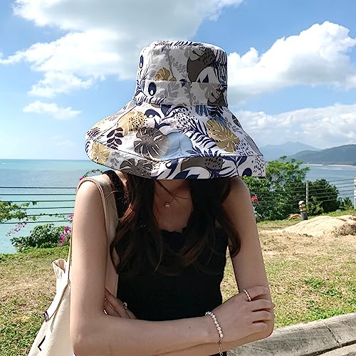 Image of HUAMULAN Women Sun Hat Summer Bucket Beach Boonie Cotton Cap Wide Brim UPF 50