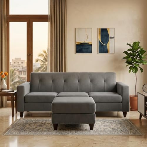 Image of Homeboy 4 Seater L Shape Sofa Set with Movable Ottoman | Flexible Left or Right Layout | Luxe Velvet Suede Fabric | Comfortable Seating | Modern Sofa for Living Room -Dark Grey Color