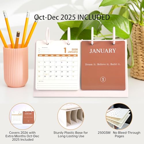 Bibiage Small Desk Calendar 2025-2026, Dec 2025 to Dec 2026, Monthly Decorative Flip Calendar for Desk with Motivational Quotes, Cute Desk Decor, Office Supplies, 10" x 6", White — view 2
