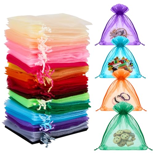 Lot de 100 Sachets en Organza, 10 x 12 cm, Sacs Organza Colorés avec Cordon de Serrage, Pochettes Cadeau en Tissu Maillé pour Confiseries, Mariages,...