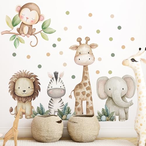 Safari Animals Nursery Wall Decal Peel and Stick Nursery Mural Jungle Animals Lion Elephant Wall Stickers for Kids Boys and Girls Room Bedroom & Toddler Room Decor (Boho Animal Dot Decals 59)