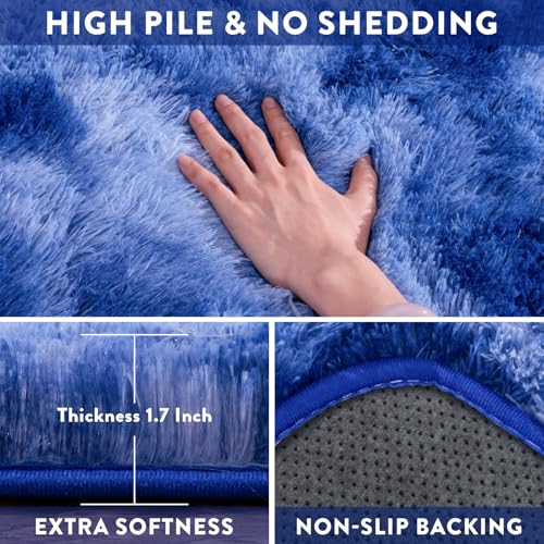 Living Room Rug 9x12, Soft Extra Large Tie Dye Blue Fluffy Shag Rug for Boys Bedroom, Non-Slip Modern Indoor Fuzzy Big Plush Rugs for Kids Room, Dorm, Home Decor