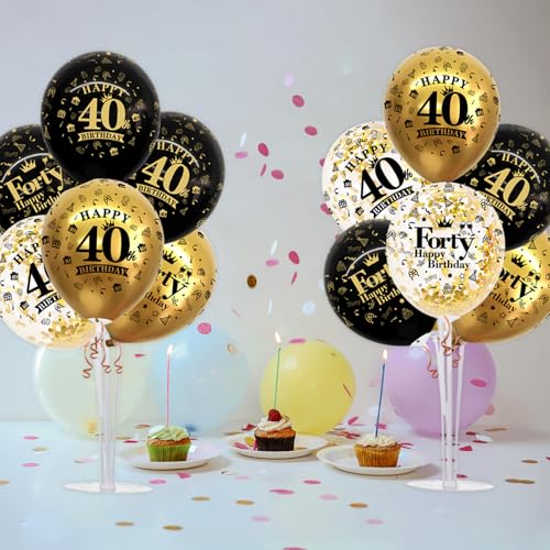 Image of TONIFUL 4 Set Black Gold 40 Printed Balloon Stands for 40th Birthday Decor