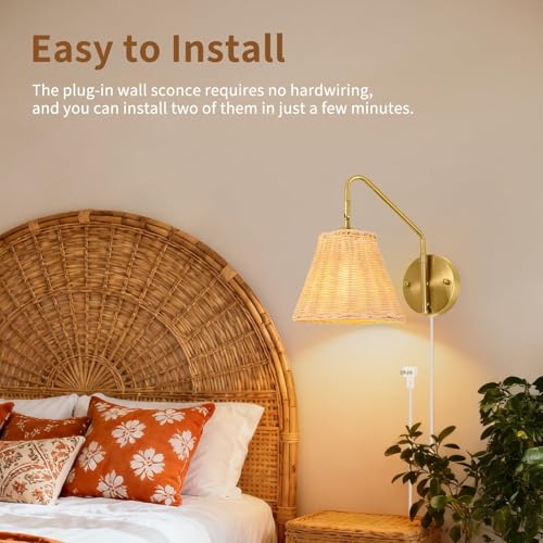 Image of Rattan Plug in Wall Sconces Set of 2, Boho Swing Arm Plug in Sconce, Hand Woven Wicker Wall Lamps for Bedroom, Gold Wall Sconces with UL Certified Cord, Wrapped Rattan Sconce for Living Room