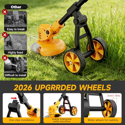 Image of Electric Weed Wacker Cordless with Wheels,Electric Weed Eater Battery Powered 4000mAh,4 in 1 Grass Trimmer /Brush Cutter /Grass Edger /Tiller for Gardening & Lawn with Blade, 2 Battery