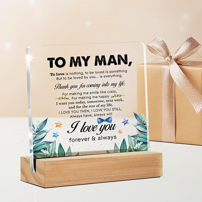 Image of Bs amor Romantic Gifts for Him Men, Thank You Gift for Husband Boyfriend Birthday Christmas Valentine's Day, to My Man Clear Acrylic Sign 5 x 4 Inches