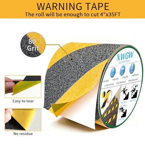 Image of Black & Yellow Anti-Slip Stair Treads Tape, 4 inch x35FT Heavy Duty Non-Skid Grip Tape for Indoor /Outdoor Steps, Bathroom & Pool - PVC Waterproof Safety Traction Tape