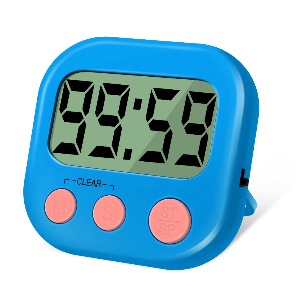 Kitchen Timer, Digital Visual Timer Magnetic Clock Stopwatch Countdown Clock, Large LCD Screen Display Big Digits, Loud Alarm for Cooking, Shower, Bathroom - Blue