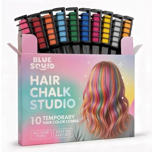 Blue Squid Hair Chalk Comb - 10 Vibrant Temporary Hair Colors for Girls & Teens, Washable Hair Dye, Perfect for Parties, Cosplay, Halloween, Paraben Free,...