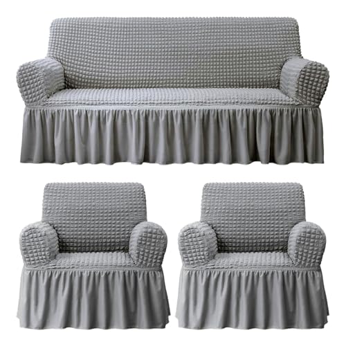 Image of House of Quirk Turkish Bubble Frill Five Seater 3 + 1 + 1 Sofa Slipcovers 280 GSM, Durable Washable Universal Triple Seater High Elastic Furniture Protector (Light Grey)