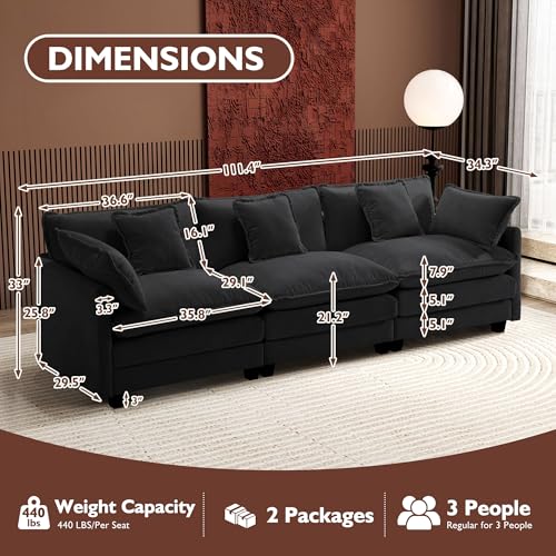 Image of Ihanherry 111.4 Inch 3-Seater Cloud Sofa, Modular Sectional Couch, Modern Deep Seat Sofa for Living Room, Comfy Double Layer Upholstered Seat Cushion, Breathable Chenille Fabric, Black