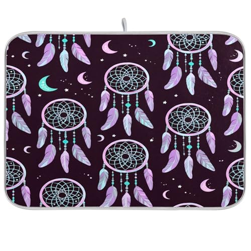 JUMBEAR Tapete de secado de platos, Dreamy Feather Catching Dreams de secado rápido, base absorbente para máquina de café, suela de goma antideslizante, tapete de secado absorbente para cocina