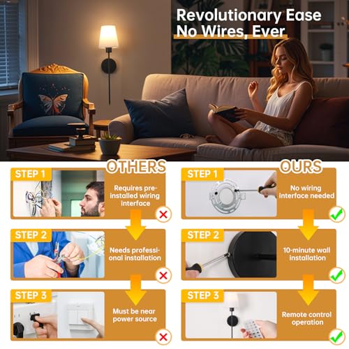 Image of Shenmoyl Battery Operated Wall Sconce, 120H Usage Time 22.6 inch Rechargeable Wall Light with Dimmable Bulb, 12 Colors Wall Sconce for Bedroom Living Room, Black