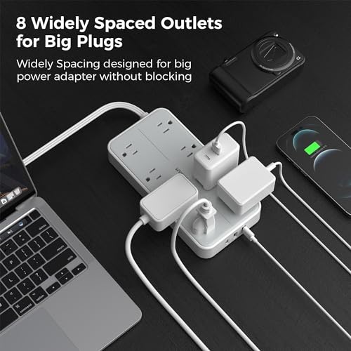 Flat Plug Power Bars with Surge Protector 1080J, TESSAN 6 Ft Extension Cord Indoor with 8 Multiple Outlets and 3 USB(1 USB C), Wall Mounted Charging Station for Home Office Dorm Ro image 8