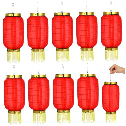 KONTONTY 10piezas Linternas Japonesas Plegables De Seda Impermeables De Decorativas Colgantes Rojas Para Fiestas Bodas y Eventos Con Estructura De Acero Resistente