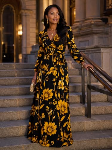 Image of PinkPatty Plus Size Dresses for Curvy Women V Neck Flowy Long Sleeves Wrap Maxi Dress Travel Vacation Outfits