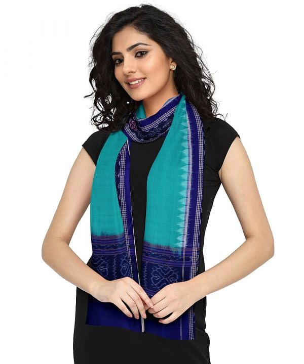 Sambalpuri handwoven traditional Cotton Dupatta in caribbean green base with traditional motifs in body & border blue with design & traditonal ikat.