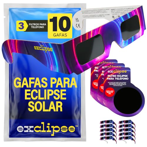 10 Gafas Eclipse Solar con 3 Filtros para Móvil – Certificadas ISO 12312-2, CE & UKCA, AAS 2026, Kit Completo para Ver y Fotografiar el Eclipse
