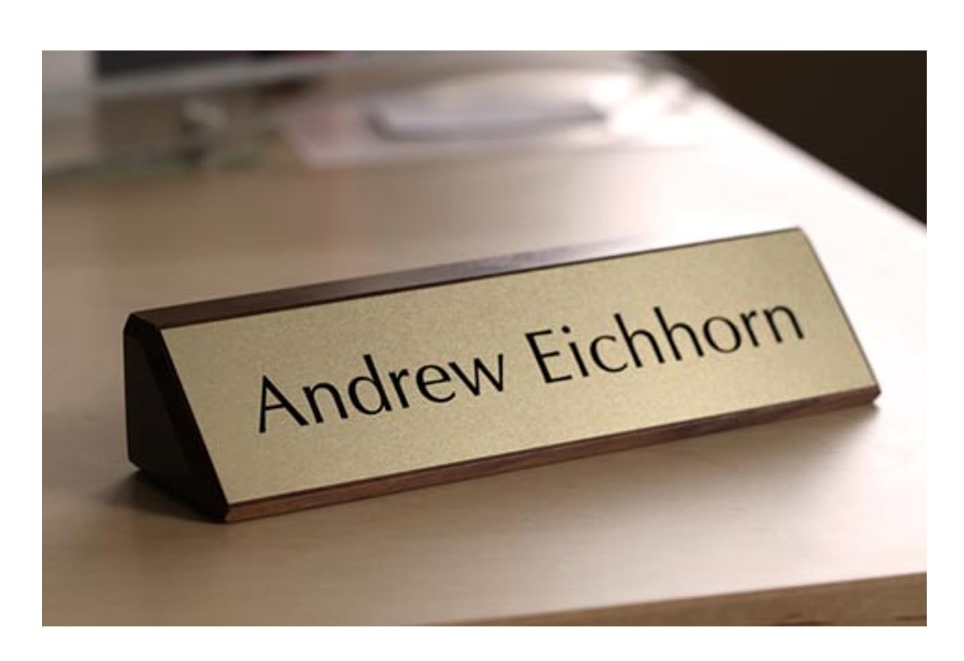 Professional Gold-Tone Finish Wooden Desk Nameplate with Logo/Emblem, Office Name Display-image-12