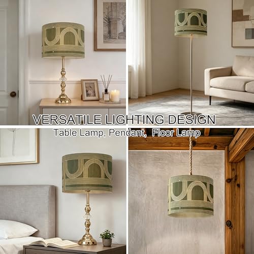 Image of Rustic Bamboo Drum lamp Shade with Decorative Geometric Green Figure,Groovy Unique ideal for living room bedroom, easy assemble, size 11.8x9Inch