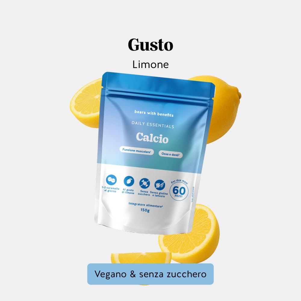 Calcio 500mg Gummies - Daily Essentials - Contribuisce alla Normale Funzione Muscolare, Ossa e Denti - 60 Pezzi (2 mesi) - Senza Zucchero, Vegan - Bears with Benefits