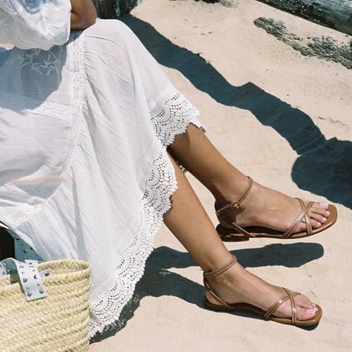 Flat Sandals for Women Open Square Toe Cross Strappy Slide Sandal Shoes Summer Slides with Buckle Ankle Strap2