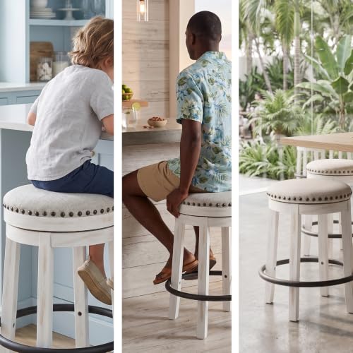 Signature Design by Ashley Valebeck 24 Inch Counter Height Stool | Backless swivel design, Rustic vintage white frame, Cozy beige woven fabric, Metal footrest - image 9