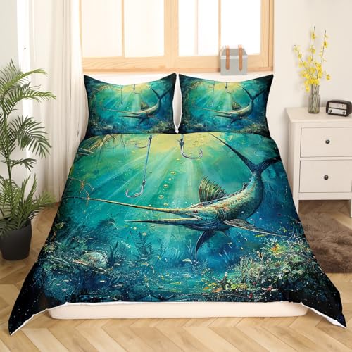 Homemissing Funda de edredón para niños y niñas, diseño de pez espada marlin, tamaño King, juego de ropa de cama con diseño de peces oceánicos, animales marinos y adolescentes, decoración de