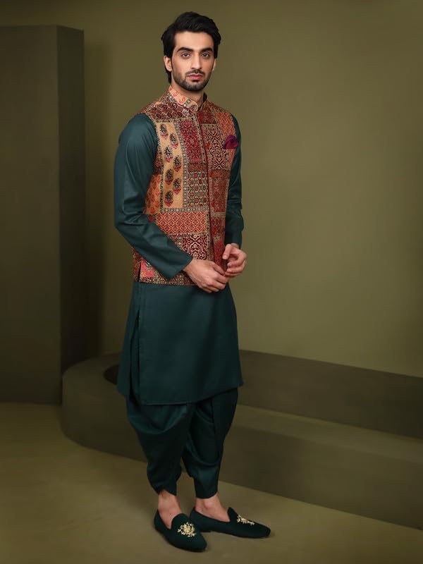 Image of KISAH Men's Navy Blue Printed Cotton Kurta - Regular Fit Long Tunic with Mandarin Collar | Ethnic Wear for Weddings & Festive Occasions