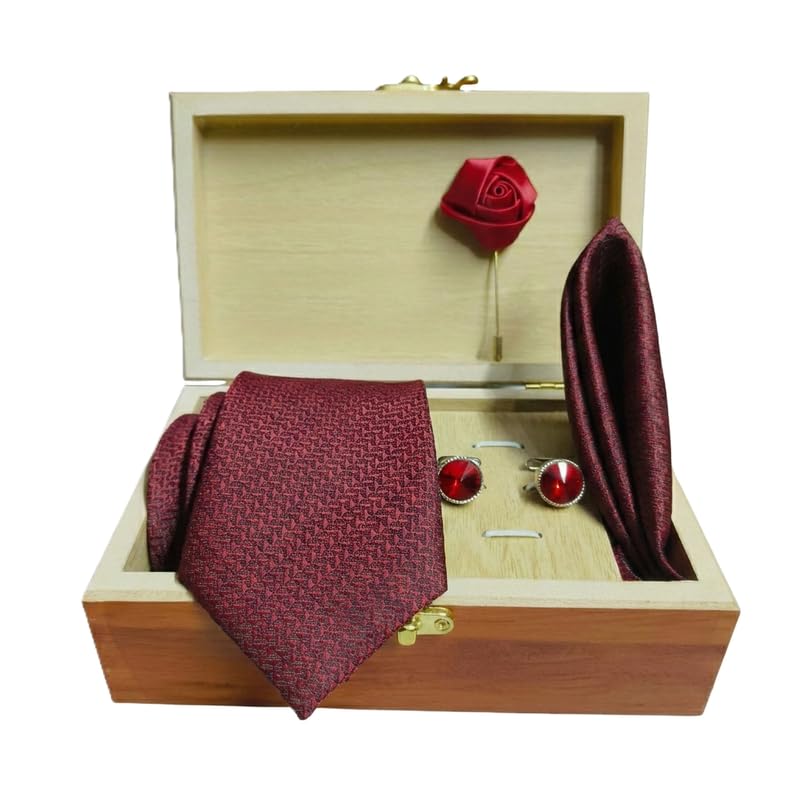 Image of Men's Necktie Gift Set with Wooden Box | Premium Tie, Pocket Square, Cufflinks & Lapel Pin | Elegant Formal Accessories Gift for Men