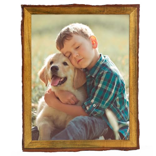 Golden State Art 11x14 Picture Frame Rustic Brown Solid Wood Picture Frame with Bark Edges & Real Glass Cover Display Posters/Photos/Prints 11x14 for Wall Mounting Farmhouse Decor