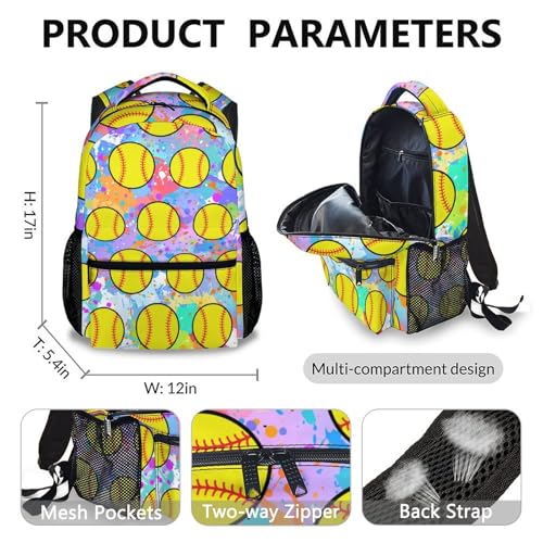 School Backpack for Girls, Softball Backpacks with Lunch Box Matching Combo for Elementary Preschool Middle School, Colorful Lightweight Bookbag and Pencil Case Bundle for Kids2