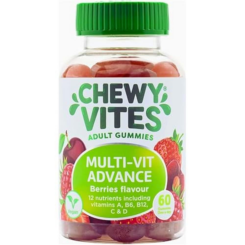 Chewy Vites Adult Multivitamin Advance, 60 Multivitamin Gummies, 12 Essential Nutrients, 2 Months Supply, Real Fruit Juice, Vegan, Berries Flavour