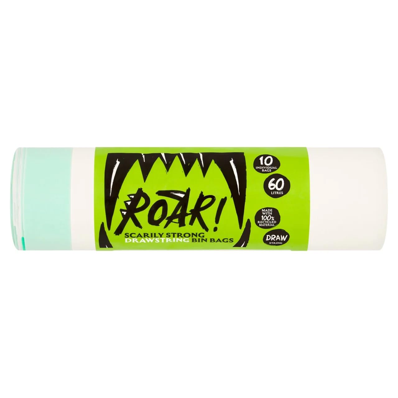 Roar! Bin Bags 60 Litres, 10 Double Drawstring Ultra Strong White Bin Bags, 100% Recycled Plastic, Everyday Use, Household, Office & Kitchen Waste