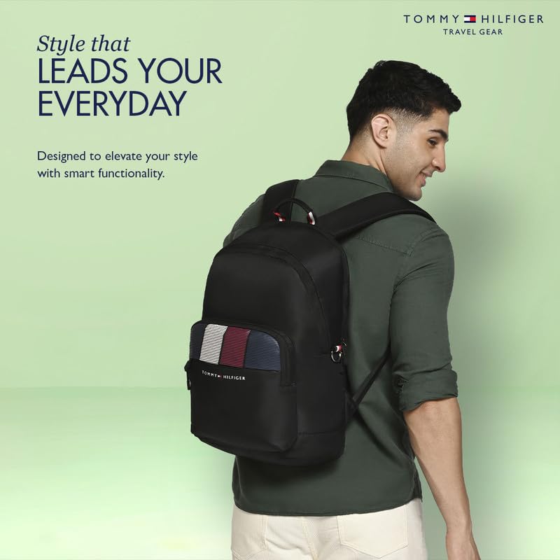Image of Tommy Hilfiger Unisex Laptop Backpack Amulet | 15 Inch Laptop Compartment | Fashionable Stripe Print | Trolley Sleeve | 21L Capacity | Ideal For Office, Travel, College