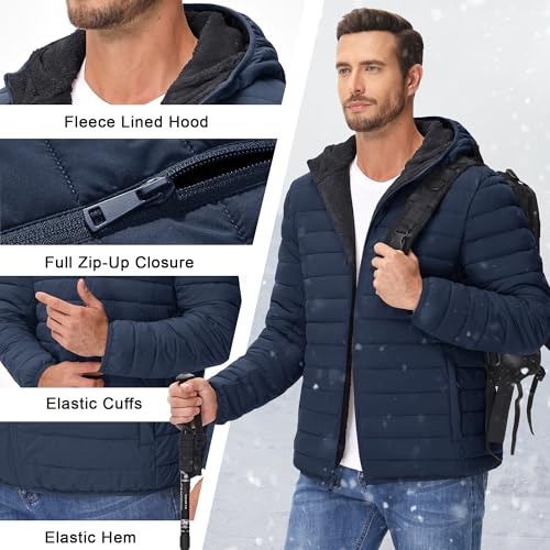 Image of Cotrasen Mens Puffer Jacket Sherpa Lined Water Resistant Hooded Full Zip Mid-Weight Warm Insulated Winter Coat